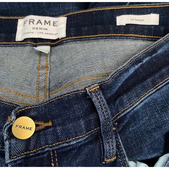 NWOT FRAME Le Garcon Straight Jeans Sz 24 Dark Wash Frayed Mid Rise - Picture 4 of 14